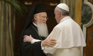 Pope Francis embraces Ecumenical Patriarch Bartholomew of Constantinople, spiritual leader of Orthodox Christians, at the Vatican March 20. (CNS photo/L'Osservatore Romano via Reuters)