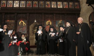 Greek Orthodox Patriarch John Yazigi (C) leads a prayer at the Balamand Monastery in Koura, near the north Lebanese city of Tripoli, to call for the release of bishops kidnapped in northern Syria in April, June 22, 2013. (photo by REUTERS/Omar Ibrahim)