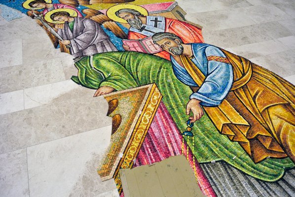 The mosaic is laid out on the Dormition of the Virgin Mary Greek Orthodox Church of the Hamptons as it will go up on the buidling.