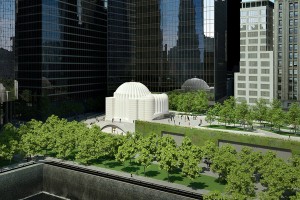 A rendering of the new St. Nicholas Greek Orthodox Church, with conceptual images of a landscaped open space known as Liberty Park