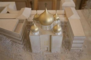 A model of a Russian Orthodox church and spiritual centre, to be built along the Seine River near the Eiffel Tower, is seen during a media presentation at the Russian ambassador's residence in Paris, January 17, 2014.  REUTERS/Christian Hartmann