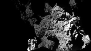 A probe named Philae is seen after it landed safely on a comet, known as 67P/Churyumov-Gerasimenko, in this CIVA handout image released on Nov. 13, 2014.