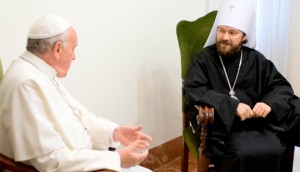 Pope Francis meets with Metropolitan Hilarion of Volokolamsk, head of ecumenical relations for the Russian Orthodox Church, during a private meeting at the Vatican Nov. 12, 2013. (CNS photo/L'Osservatore Romano vi a Reuters)