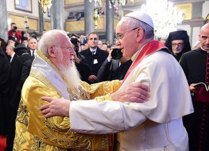 Patriarch Bartholomew and Pope Francis embrace. (Courtesy of Archon Dimitrios Panagos)