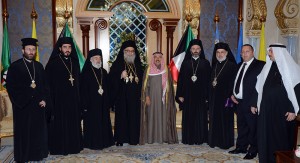 His Highness the Amir Sheikh Sabah Al-Ahmad Al-Jaber Al-Sabah recieves the Head of Greek Orthodox Church John X Yazigi. Photographer: AMIRI DIWAN