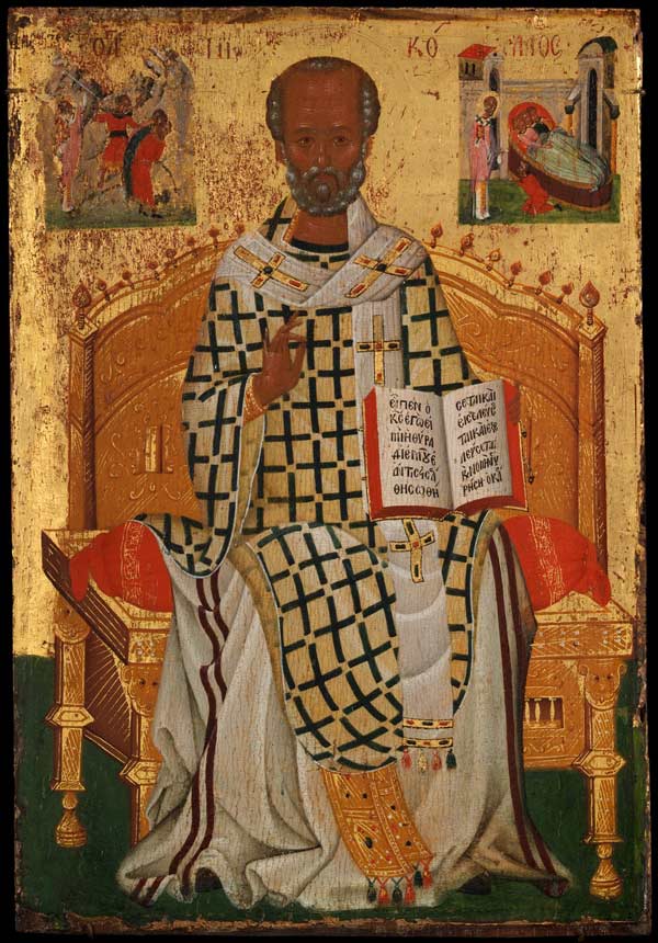 Why Vestments? An Introduction to Liturgical Textiles of the Post-Byzantine World Saint Nicholas, from four icons from a pair of doors (panels), possibly part of a polyptych, early 15th century. Made in Crete. Byzantine. Tempera and gold on wood; 10 13/16 × 7 3/8 x 5/16 in. (27.4 x 18.8 × 0.8 cm). The Metropolitan Museum of Art, New York, Purchase, Mary and Michael Jaharis Gift, 2013 (2013.980d)