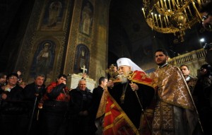 Patriarch Maxim of the Bulgarian Orthodox Church participates in an Orthodox Easter service in the golden-domed Alexander Nevski cathedral in Sofia on April 15, 2012. The Bulgarian Orthodox Church celebrated Easter, according to the Julian calendar. AFP PHOTO / NIKOLAY DOYCHINOV (Photo credit should read NIKOLAY DOYCHINOV/AFP/Getty Images)