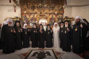 Leaders of Orthodox churches gather at the Orthdox Academy of Crete in Chania on the Greek island of Crete on June 17. From left are: Archbishop Sawa of Warsaw and all of Poland; Archbishop Chrysostomos of Nova Justiniana and all of Cyprus; Patriarch Irinej of Serbia; Patriarch Theodore II of Alexandria; Ecumenical Patriarch Bartholomew of Constantinople; Patriarch Theophilos III of Jerusalem; Patriarch Daniel of Romania; Archbishop Ieronymos II of Athens and all of Greece; Archbishop Anastasios of Tirana, Durres, and all of Albania; Archbishop Rastislav of Presov, metropolitan of the Czech lands and Slovakia (CNS photo/Sean Hawkey, handout).