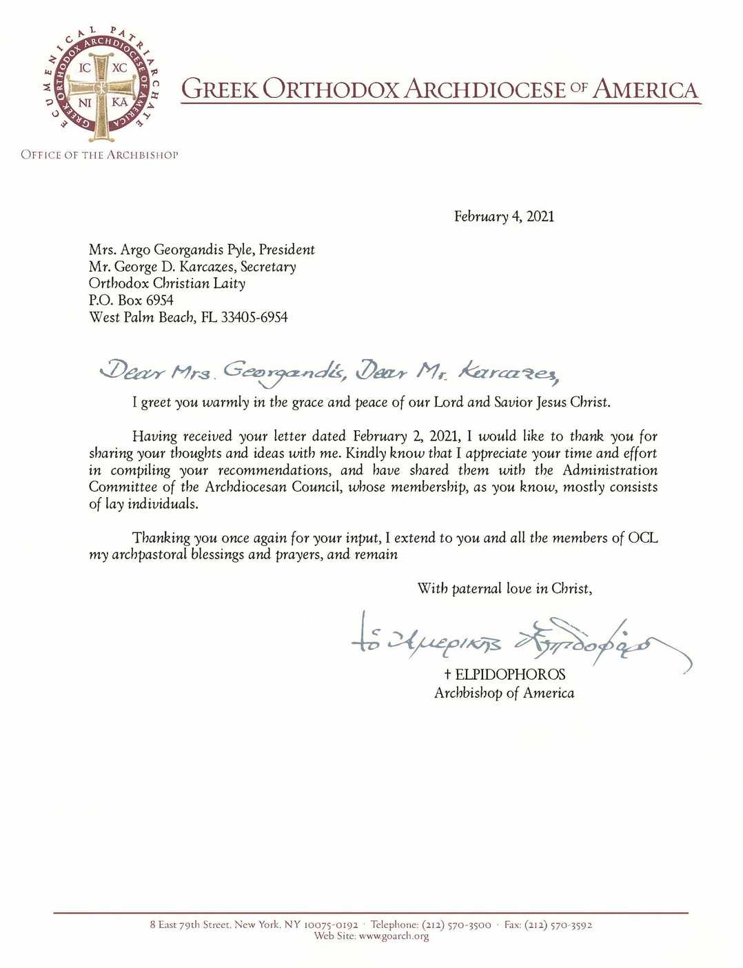 LETTER FROM ARCHBISHOP ELPIDOPHOROS